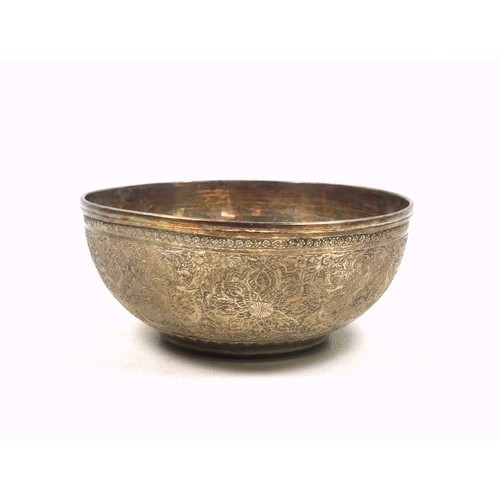 478 - Persian white metal bowl with all-over chased floral and bird decoration, Farsi 84 and armed lion ma... 