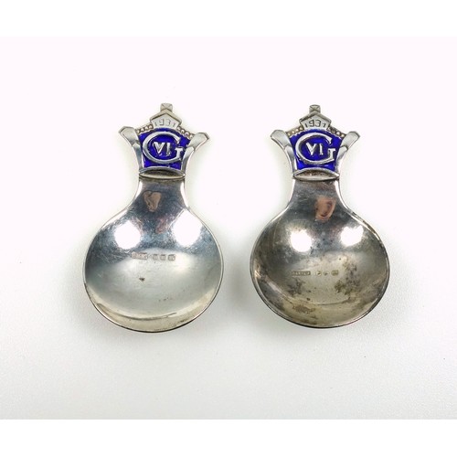 479 - Pair of George VI silver commemorative Coronation caddy spoons, each with a blue enamelled terminal ... 