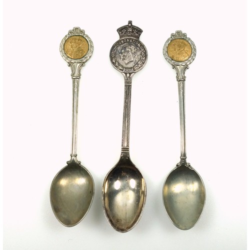 479 - Pair of George VI silver commemorative Coronation caddy spoons, each with a blue enamelled terminal ... 