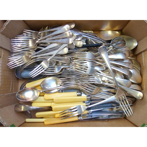 487 - Good quantity of silver plated and other cutlery; oval entree dish, teapot, pair of trumpet vases, c... 