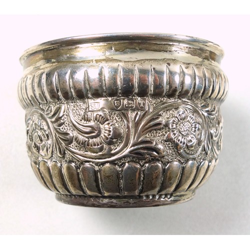 496 - Late Victorian silver bowl, the base set with a Queen Anne Half Crown, 1708, with a band of embossed... 