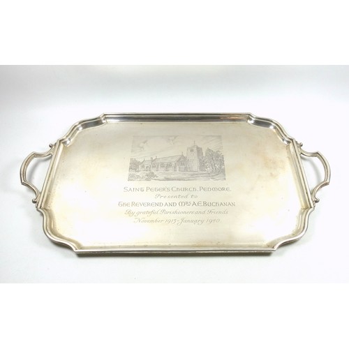 502 - George VI silver presentation tray, rectangular with shaped corners and 2 handles, engraved with an ... 