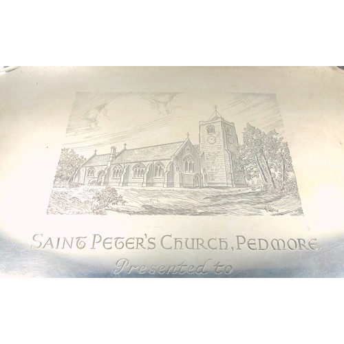 502 - George VI silver presentation tray, rectangular with shaped corners and 2 handles, engraved with an ... 