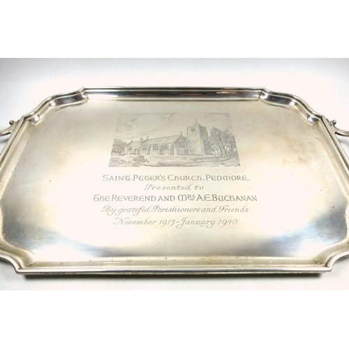 502 - George VI silver presentation tray, rectangular with shaped corners and 2 handles, engraved with an ... 