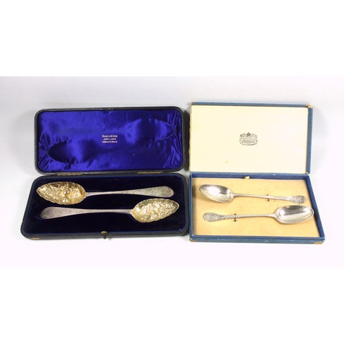 505 - Pair of George III Scottish silver berry spoons, each with an embossed gilt bowl and handles with ch... 