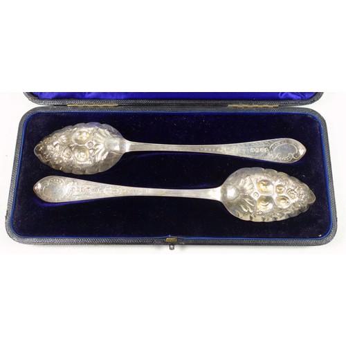 505 - Pair of George III Scottish silver berry spoons, each with an embossed gilt bowl and handles with ch... 