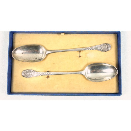 505 - Pair of George III Scottish silver berry spoons, each with an embossed gilt bowl and handles with ch... 