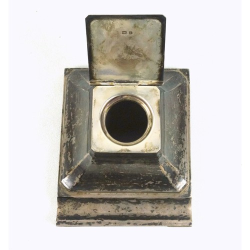 510 - George V silver presentation ink stand, of square tapering form with canted corners, with a pen rest... 