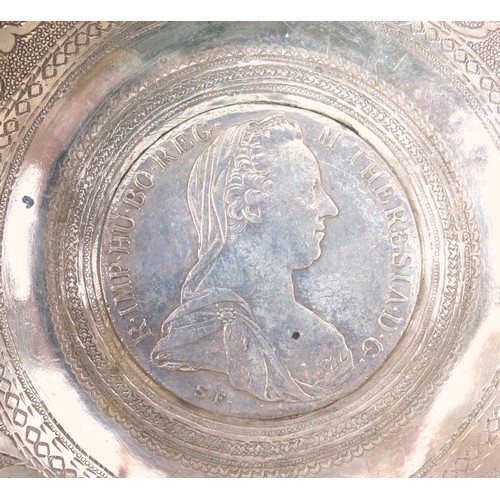 512 - Pair of Eastern white metal bowls, each set with a 1780 Maria Theresa Thaler, Dia.11.3cm, 338grs. (2... 