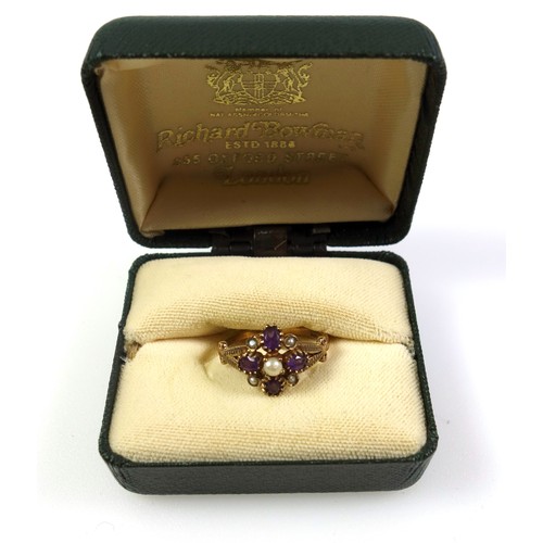 532 - Edwardian style 9ct gold ring with 4 amethysts and 5 seed pearls in a floral openwork setting by Reg... 