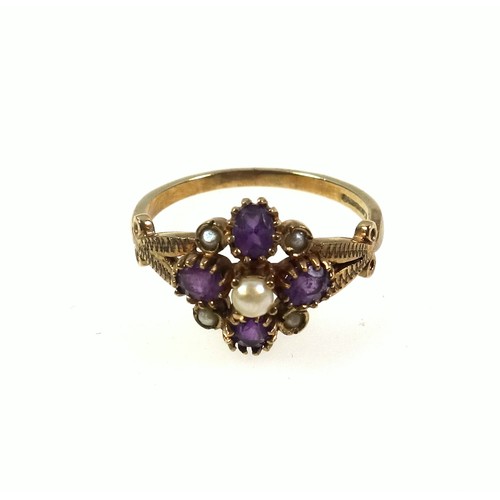 532 - Edwardian style 9ct gold ring with 4 amethysts and 5 seed pearls in a floral openwork setting by Reg... 