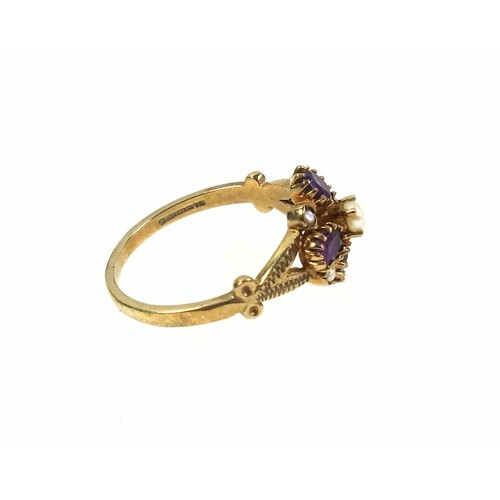 532 - Edwardian style 9ct gold ring with 4 amethysts and 5 seed pearls in a floral openwork setting by Reg... 