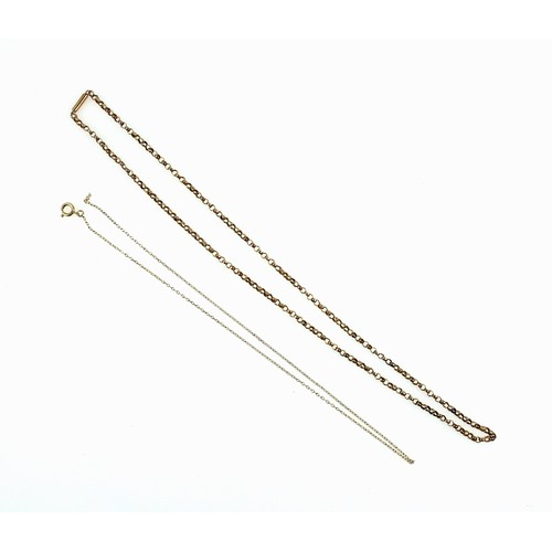 539 - 9ct gold belcher chain, length 48.5cm and a yellow metal fine link chain, stamped 9ct (broken), 6.1 ... 