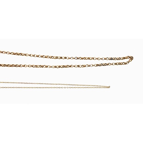 539 - 9ct gold belcher chain, length 48.5cm and a yellow metal fine link chain, stamped 9ct (broken), 6.1 ... 