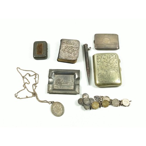 547 - Silver bookmatch case, by D. Bros, Birmingham 1922, silver threepenny piece bracelet, Indian 2 Annas... 