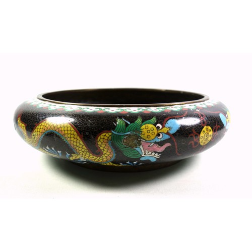 680 - Large Chinese cloisonné bowl, the exterior with 4 dragons, the interior with another dragon, on a no... 