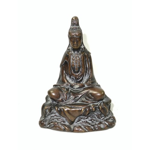 687 - 19th Century Chinese bronze figure of Guanyin, seated, her hands in Dhyana Mudra, H.12cm; Sino-Tibet... 