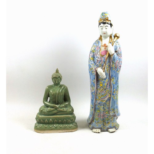 690 - Early 20th Century Chinese porcelain figure of a female deity, holding a gilt staff, in a pale blue ... 