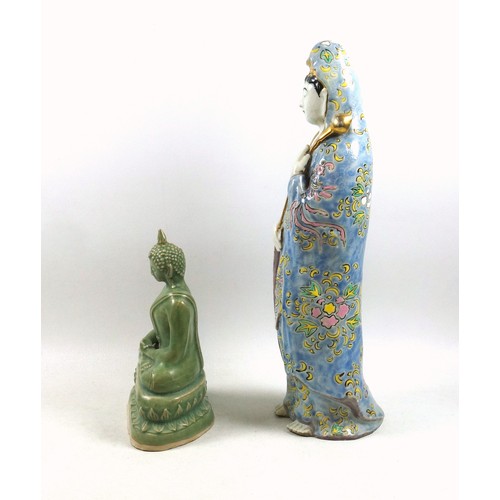 690 - Early 20th Century Chinese porcelain figure of a female deity, holding a gilt staff, in a pale blue ... 