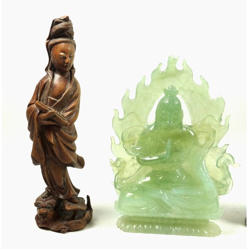 692 - Chinese carved pale green stone figure of Guanyin, seated in Vajrasana on a double lotus throne with... 