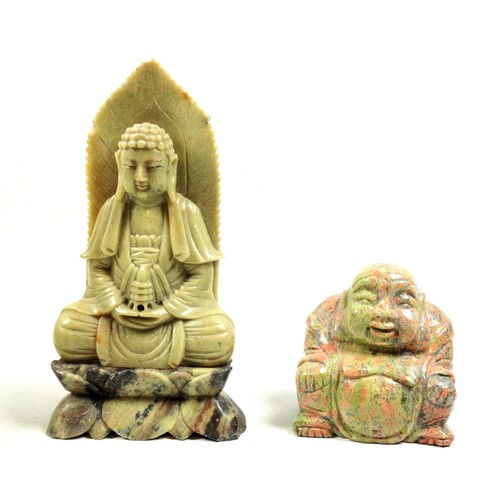 692 - Chinese carved pale green stone figure of Guanyin, seated in Vajrasana on a double lotus throne with... 