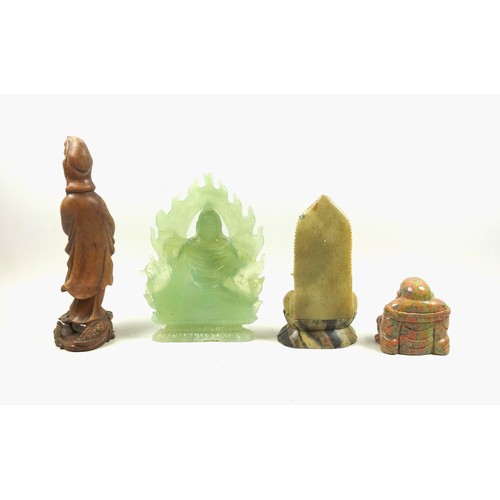 692 - Chinese carved pale green stone figure of Guanyin, seated in Vajrasana on a double lotus throne with... 