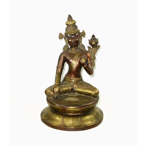 693 - 19th Century Tibetan bronze figure of Tara Buddha, seated in Vajrasana on a double lotus base, her r... 