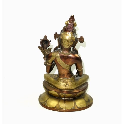 693 - 19th Century Tibetan bronze figure of Tara Buddha, seated in Vajrasana on a double lotus base, her r... 