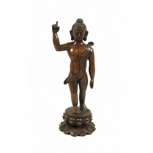 694 - 19th Century Chinese bronze figure of the Infant Buddha, with his right hand pointing to the sky and... 