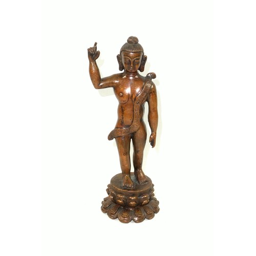 694 - 19th Century Chinese bronze figure of the Infant Buddha, with his right hand pointing to the sky and... 