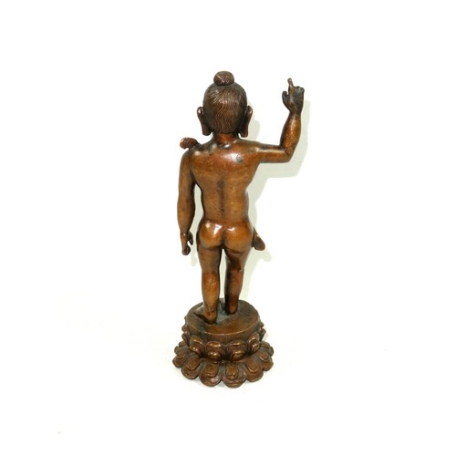 694 - 19th Century Chinese bronze figure of the Infant Buddha, with his right hand pointing to the sky and... 