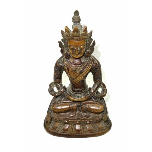 696 - 18th Century Tibetan bronze figure of Avalokiteshvara, seated in Vajrasana on a double lotus throne,... 