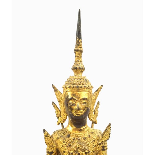 697 - 18th Century Thai gilt bronze figure of a buddha, seated in Vajrasana on a stepped lotus base with r... 