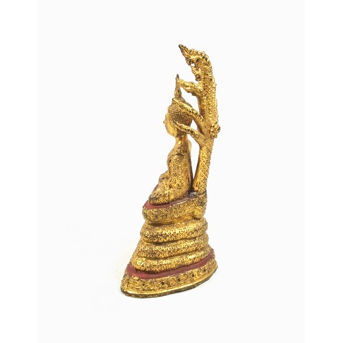 698 - 18th Century Thai gilt bronze figure of Buddha, seated in Vajrasana on a lotus throne supported by M... 