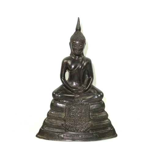 701 - 19th Century Thai bronze figure of Buddha, seated in Ardha Padmasana on a stepped throne, his hands ... 