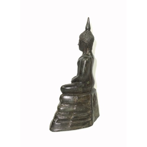 701 - 19th Century Thai bronze figure of Buddha, seated in Ardha Padmasana on a stepped throne, his hands ... 