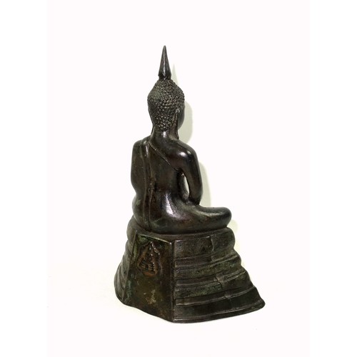 701 - 19th Century Thai bronze figure of Buddha, seated in Ardha Padmasana on a stepped throne, his hands ... 