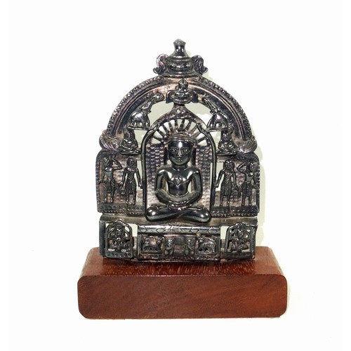 704 - Indian Silver Jain shrine, with a Tirthankara seated on a throne supported by monkeys and elephants,... 