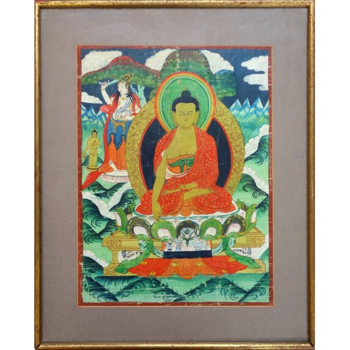 706 - Nepalese Thangka depicting Shakyamuni  Buddha on lotus flower, painting on paper, label verso for Ma... 