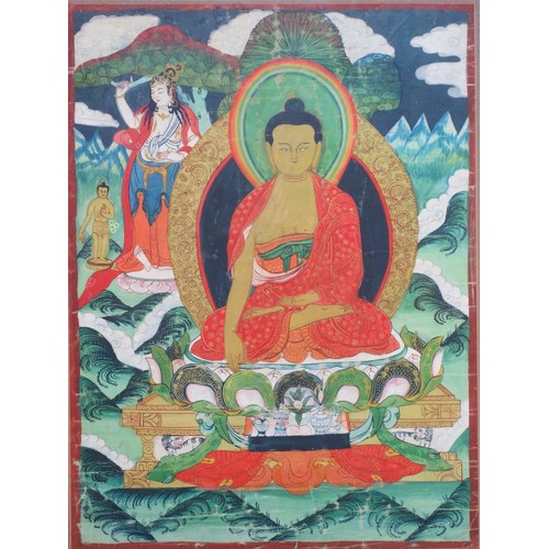 706 - Nepalese Thangka depicting Shakyamuni  Buddha on lotus flower, painting on paper, label verso for Ma... 