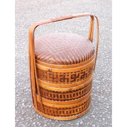 713 - Chinese woven 3-tier wedding basket with handle, the cover with 