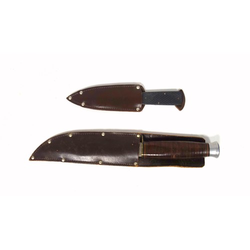 717 - A Vintage Hunting Knife in Leather Sheath together with a Throwing Knife, the blade inscribed 'Trufl... 