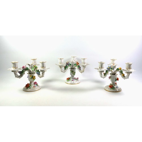 742 - Pair of Dresden porcelain 3 branch candelbra, each with floral encrusted and gilt rococo scroll and ... 