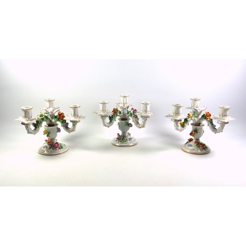 742 - Pair of Dresden porcelain 3 branch candelbra, each with floral encrusted and gilt rococo scroll and ... 