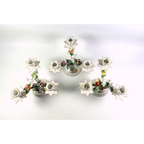 742 - Pair of Dresden porcelain 3 branch candelbra, each with floral encrusted and gilt rococo scroll and ... 