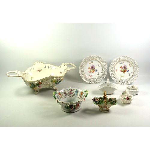 743 - Large Dresden porcelain fruit bowl with 2 handles, pierced, floral encrusted and gilt scroll decorat... 