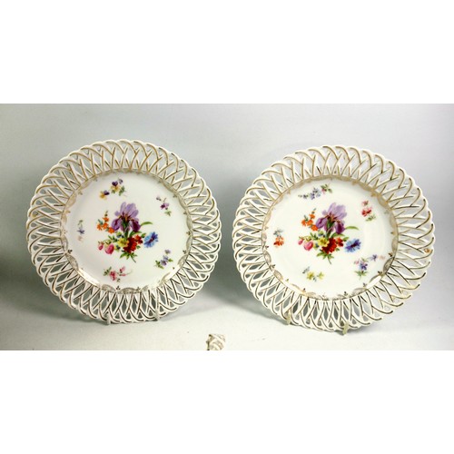 743 - Large Dresden porcelain fruit bowl with 2 handles, pierced, floral encrusted and gilt scroll decorat... 