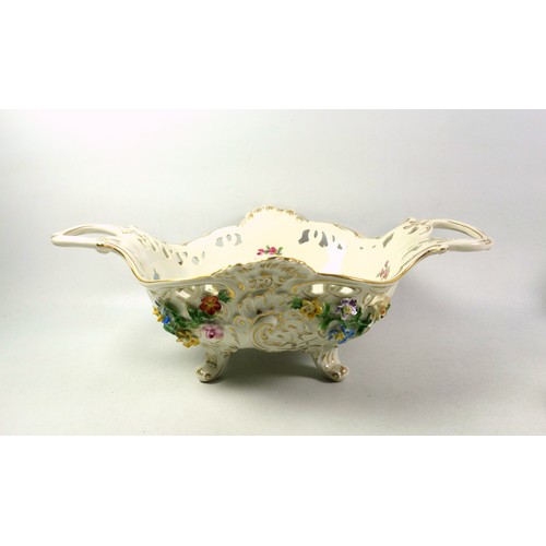 743 - Large Dresden porcelain fruit bowl with 2 handles, pierced, floral encrusted and gilt scroll decorat... 