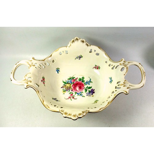 743 - Large Dresden porcelain fruit bowl with 2 handles, pierced, floral encrusted and gilt scroll decorat... 