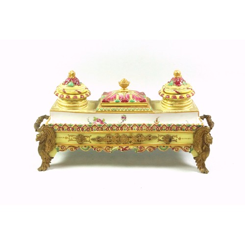 747 - Late 19th Century French Neoclassical porcelain inkstand with printed floral decoration, and scrolls... 